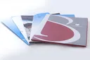 Fanned presentation folders with blue and burgundy graphics